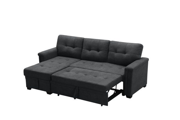 Ashlyn 84"W Dark Gray Woven Fabric Sleeper Sectional Sofa Chaise with USB Charger and Tablet Pocket - Image 6