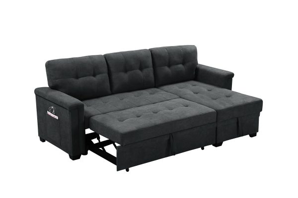 Ashlyn 84"W Dark Gray Woven Fabric Sleeper Sectional Sofa Chaise with USB Charger and Tablet Pocket - Image 5