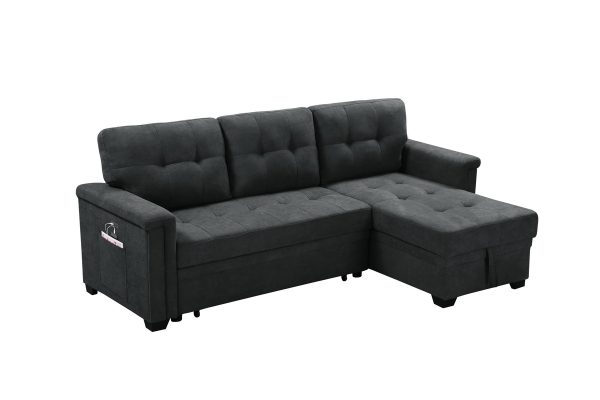 Ashlyn 84"W Dark Gray Woven Fabric Sleeper Sectional Sofa Chaise with USB Charger and Tablet Pocket - Image 4