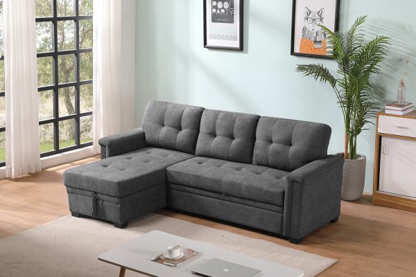 Ashlyn 84"W Gray Woven Fabric Sleeper Sectional Sofa Chaise with USB Charger and Tablet Pocket - Image 6