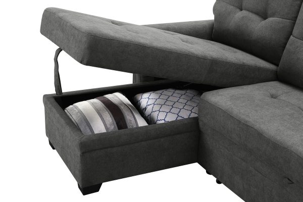 Ashlyn 84"W Gray Woven Fabric Sleeper Sectional Sofa Chaise with USB Charger and Tablet Pocket - Image 7