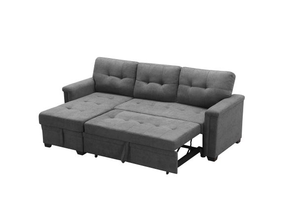 Ashlyn 84"W Gray Woven Fabric Sleeper Sectional Sofa Chaise with USB Charger and Tablet Pocket - Image 11