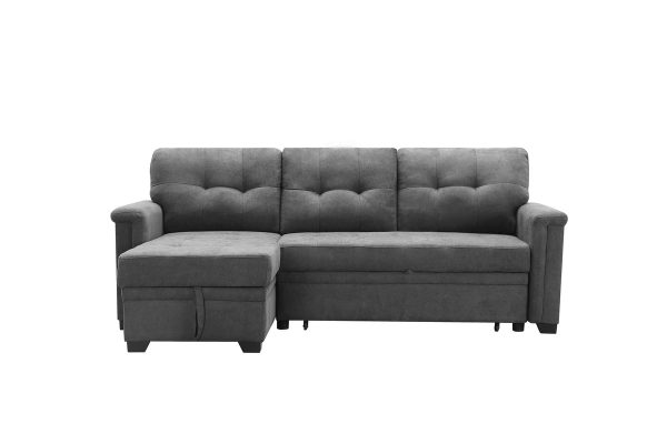 Ashlyn 84"W Gray Woven Fabric Sleeper Sectional Sofa Chaise with USB Charger and Tablet Pocket - Image 3