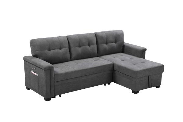 Ashlyn 84"W Gray Woven Fabric Sleeper Sectional Sofa Chaise with USB Charger and Tablet Pocket - Image 5