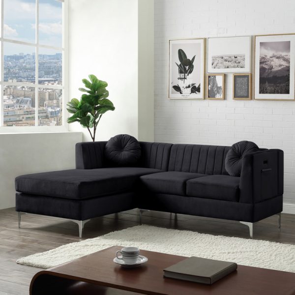 Chloe 85.5"W Black Velvet Sectional Sofa Chaise with USB Charging Port