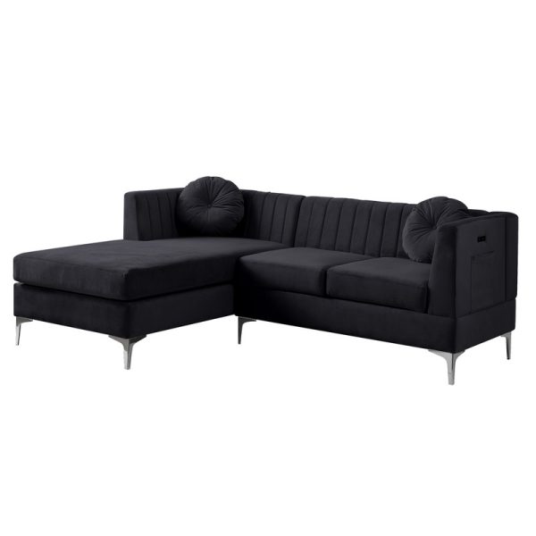 Chloe 85.5"W Black Velvet Sectional Sofa Chaise with USB Charging Port - Image 3