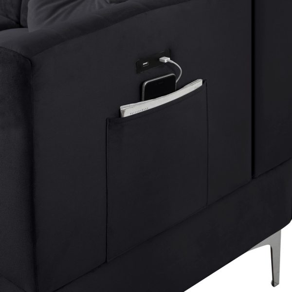 Chloe 85.5"W Black Velvet Sectional Sofa Chaise with USB Charging Port - Image 2