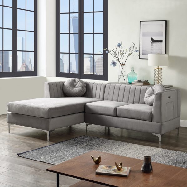 Chloe 85.5"W Gray Velvet Sectional Sofa Chaise with USB Charging Port