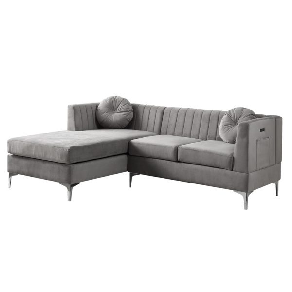 Chloe 85.5"W Gray Velvet Sectional Sofa Chaise with USB Charging Port - Image 3