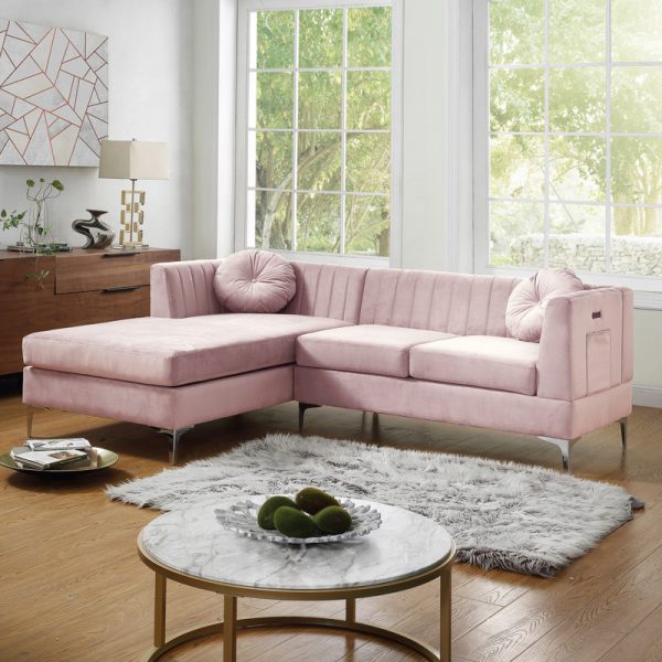 Chloe 85.5"W Pink Velvet Sectional Sofa Chaise with USB Charging Port