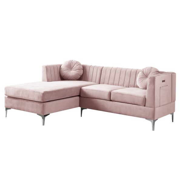 Chloe 85.5"W Pink Velvet Sectional Sofa Chaise with USB Charging Port - Image 3
