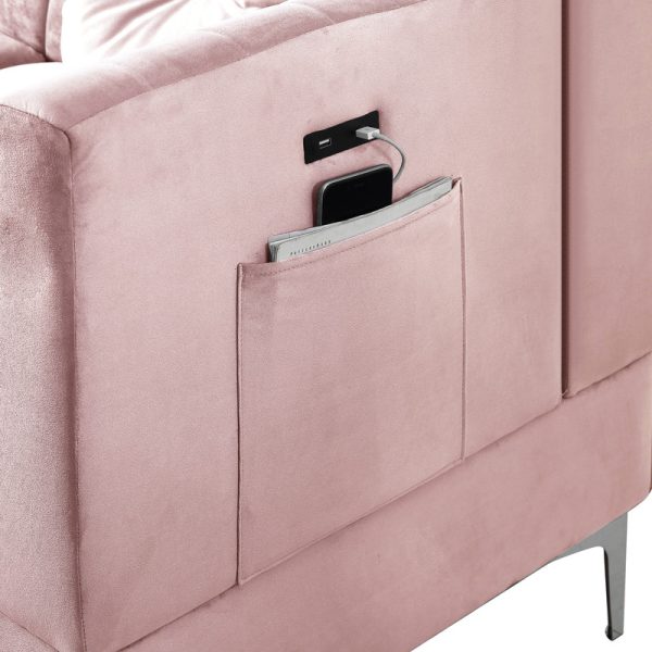 Chloe 85.5"W Pink Velvet Sectional Sofa Chaise with USB Charging Port - Image 2