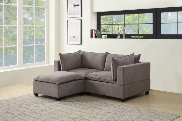 Madison 83.5"W Light Gray Fabric Sectional Loveseat Ottoman