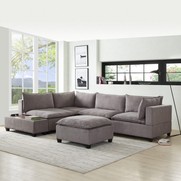 Madison 120"W Light Gray Fabric 6 Piece Modular Sectional Sofa with Ottoman and USB Storage Console Table