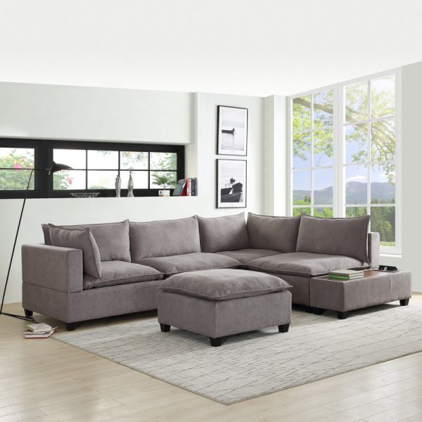Madison 120"W Light Gray Fabric 6 Piece Modular Sectional Sofa with Ottoman and USB Storage Console Table - Image 7