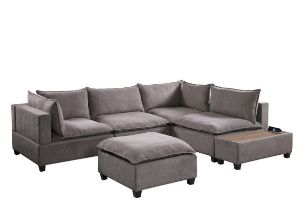 Madison 120"W Light Gray Fabric 6 Piece Modular Sectional Sofa with Ottoman and USB Storage Console Table - Image 5