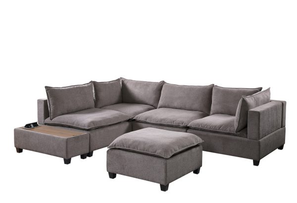 Madison 120"W Light Gray Fabric 6 Piece Modular Sectional Sofa with Ottoman and USB Storage Console Table - Image 4