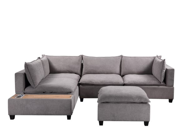 Madison 120"W Light Gray Fabric 6 Piece Modular Sectional Sofa with Ottoman and USB Storage Console Table - Image 3