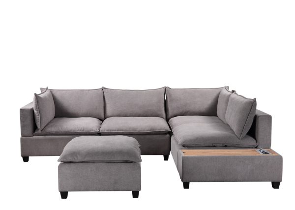 Madison 120"W Light Gray Fabric 6 Piece Modular Sectional Sofa with Ottoman and USB Storage Console Table - Image 2