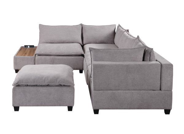 Madison 120"W Light Gray Fabric 6 Piece Modular Sectional Sofa with Ottoman and USB Storage Console Table - Image 11