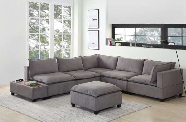 Madison 131.5"W Light Gray Fabric 7Pc Modular Sectional Sofa with Ottoman and USB Storage Console Table