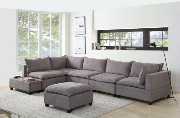 Madison 157"W Light Gray Fabric 7 Piece Modular Sectional Sofa with Ottoman and USB Storage Console Table