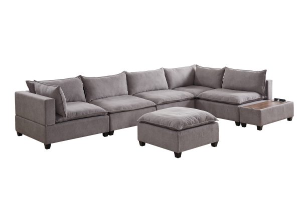 Madison 157"W Light Gray Fabric 7 Piece Modular Sectional Sofa with Ottoman and USB Storage Console Table - Image 5