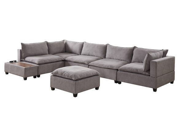 Madison 157"W Light Gray Fabric 7 Piece Modular Sectional Sofa with Ottoman and USB Storage Console Table - Image 4