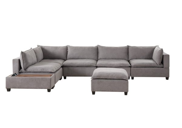 Madison 157"W Light Gray Fabric 7 Piece Modular Sectional Sofa with Ottoman and USB Storage Console Table - Image 3