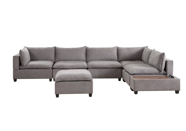 Madison 157"W Light Gray Fabric 7 Piece Modular Sectional Sofa with Ottoman and USB Storage Console Table - Image 2