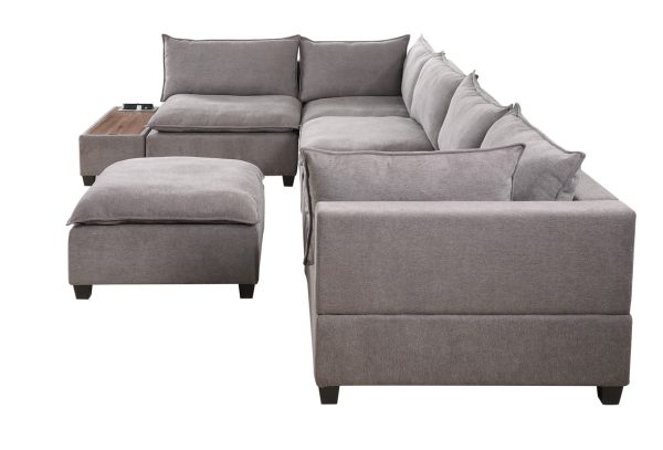 Madison 157"W Light Gray Fabric 7 Piece Modular Sectional Sofa with Ottoman and USB Storage Console Table - Image 10