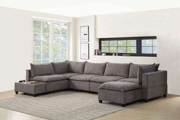 Madison 157"W Light Gray Fabric 7Pc Modular Sectional Sofa Chaise with USB Storage Console Table