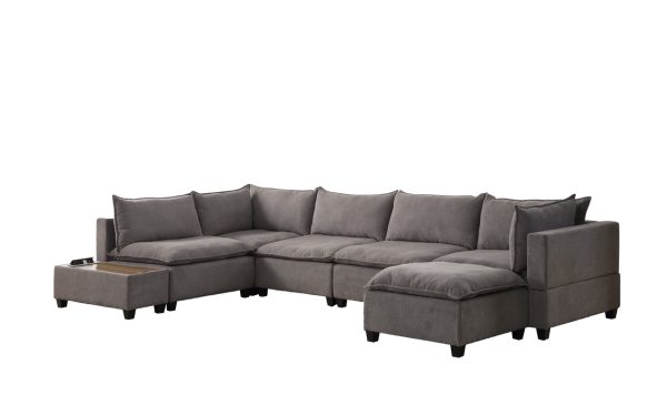 Madison 157"W Light Gray Fabric 7Pc Modular Sectional Sofa Chaise with USB Storage Console Table - Image 2