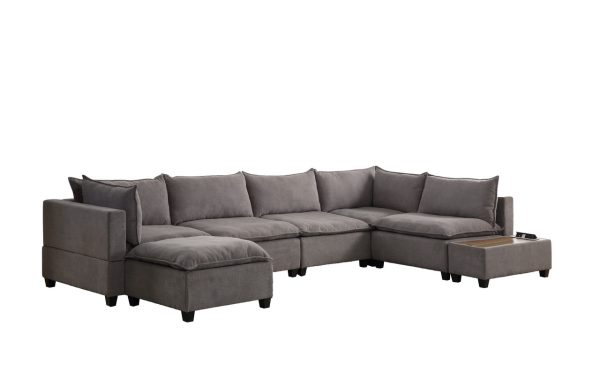Madison 157"W Light Gray Fabric 7Pc Modular Sectional Sofa Chaise with USB Storage Console Table - Image 7