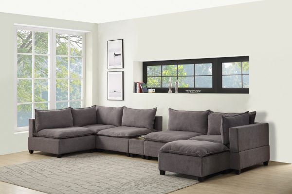 Madison 173"W Light Gray Fabric 7-Piece Modular Sectional Sofa Chaise with USB Storage Console Table