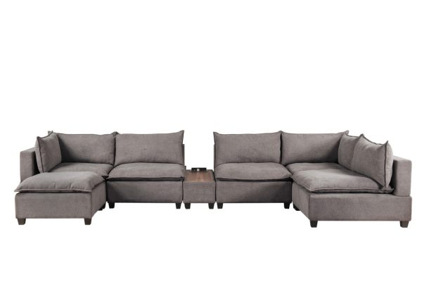 Madison 173"W Light Gray Fabric 7-Piece Modular Sectional Sofa Chaise with USB Storage Console Table - Image 7