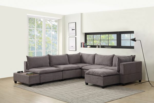 Madison 131.5"W Light Gray Fabric 7 Piece Modular Sectional Sofa Chaise with USB Storage Console Table