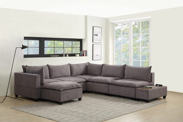 Madison 131.5"W Light Gray Fabric 7 Piece Modular Sectional Sofa Chaise with USB Storage Console Table - Image 4