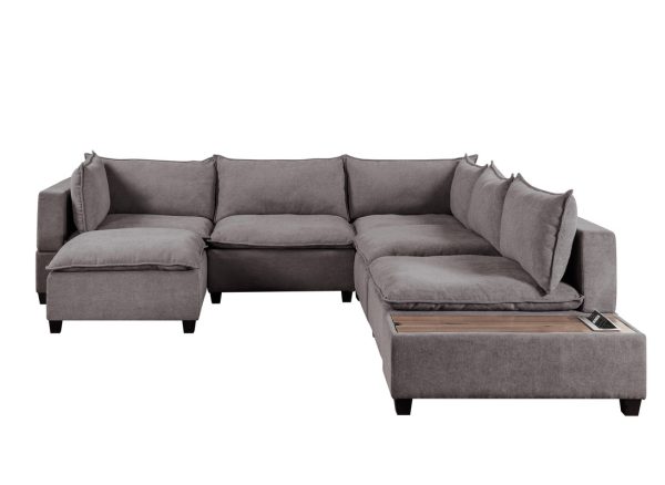 Madison 131.5"W Light Gray Fabric 7 Piece Modular Sectional Sofa Chaise with USB Storage Console Table - Image 2