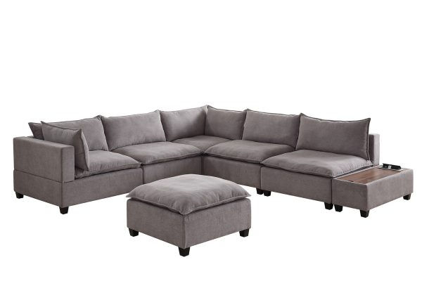 Madison 131.5"W Light Gray Fabric 7Pc Modular Sectional Sofa with Ottoman and USB Storage Console Table - Image 9