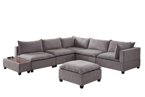 Madison 131.5"W Light Gray Fabric 7Pc Modular Sectional Sofa with Ottoman and USB Storage Console Table - Image 8