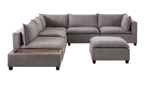 Madison 131.5"W Light Gray Fabric 7Pc Modular Sectional Sofa with Ottoman and USB Storage Console Table - Image 7