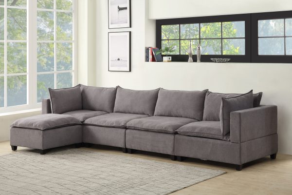 Madison 157"W Light Gray Fabric 5 Piece Modular Sectional Sofa Chaise