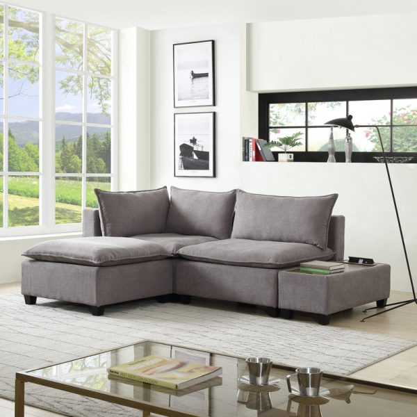 Madison 94.5"W Light Gray Fabric Sectional Loveseat Ottoman with USB Storage Console Table