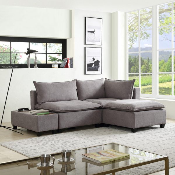 Madison 94.5"W Light Gray Fabric Sectional Loveseat Ottoman with USB Storage Console Table - Image 7