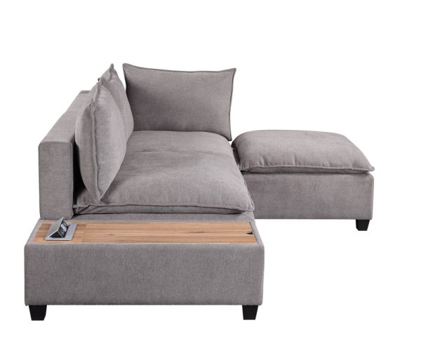 Madison 94.5"W Light Gray Fabric Sectional Loveseat Ottoman with USB Storage Console Table - Image 11
