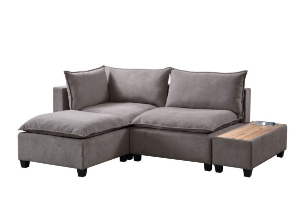 Madison 94.5"W Light Gray Fabric Sectional Loveseat Ottoman with USB Storage Console Table - Image 10
