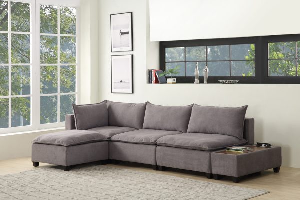 Madison 131.5"W Light Gray Fabric 5 Piece Modular Sectional Sofa Ottoman with USB Storage Console Table