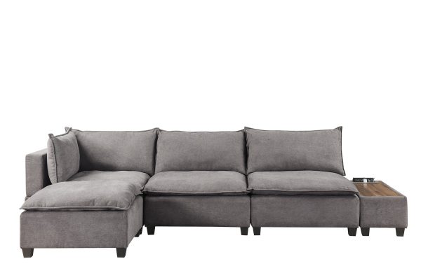 Madison 131.5"W Light Gray Fabric 5 Piece Modular Sectional Sofa Ottoman with USB Storage Console Table - Image 2