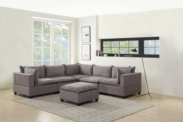 Madison 120.5"W Light Gray Fabric 6 Piece Modular Sectional Sofa with Ottoman